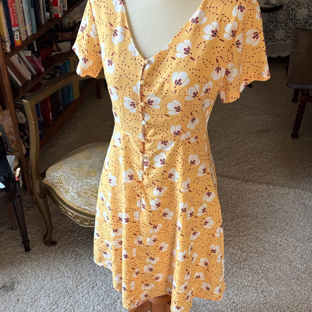 Maje Floral Yellow Button-Down Dress, fit and flare